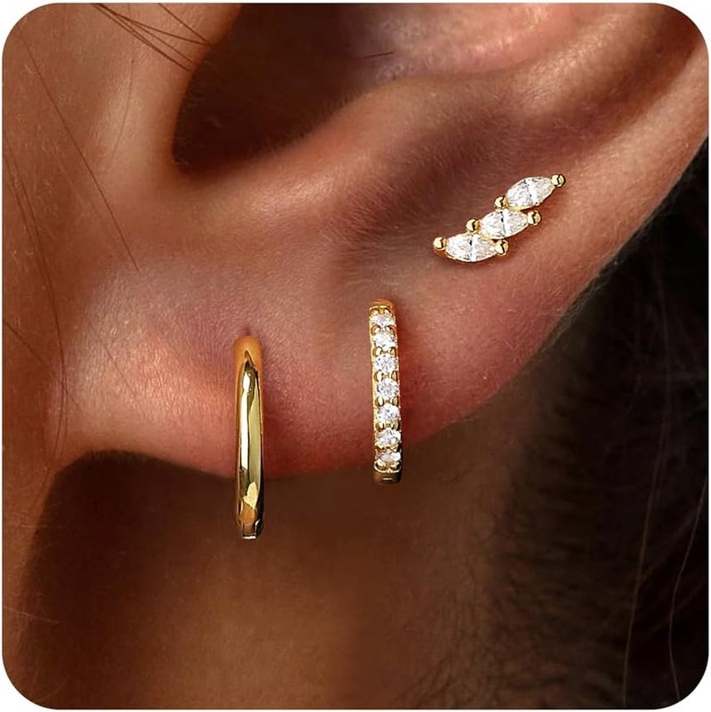 Poxtex Small Sterling Silver Huggie Hoop Earrings Set for Women, Hypoallergenic 14K Gold Plated Hoops Stacks for Multiple Piercings, Dainty Cute Mini Lightweight Cartilage Studs Trendy Jewelry Gift - Image 1